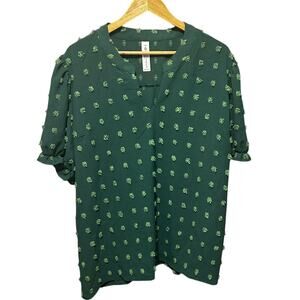 Boutique Women‎ Texture Green Dot Top 2X Puff Shoulder Ruffle Trim Cottagecore